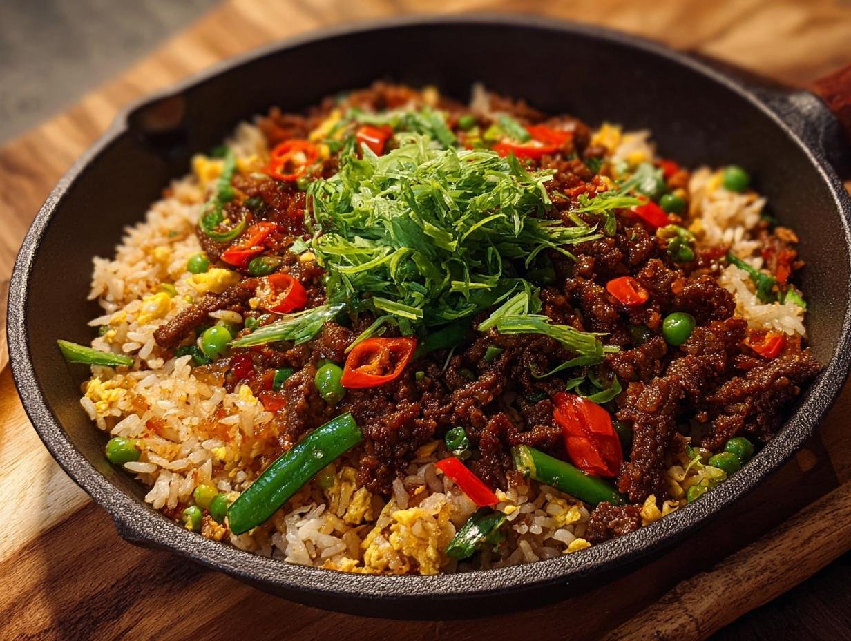 Gros plan d'un plat de Boeuf Chilli Croquant avec Riz Frit, garni de piments rouges et de verdure.