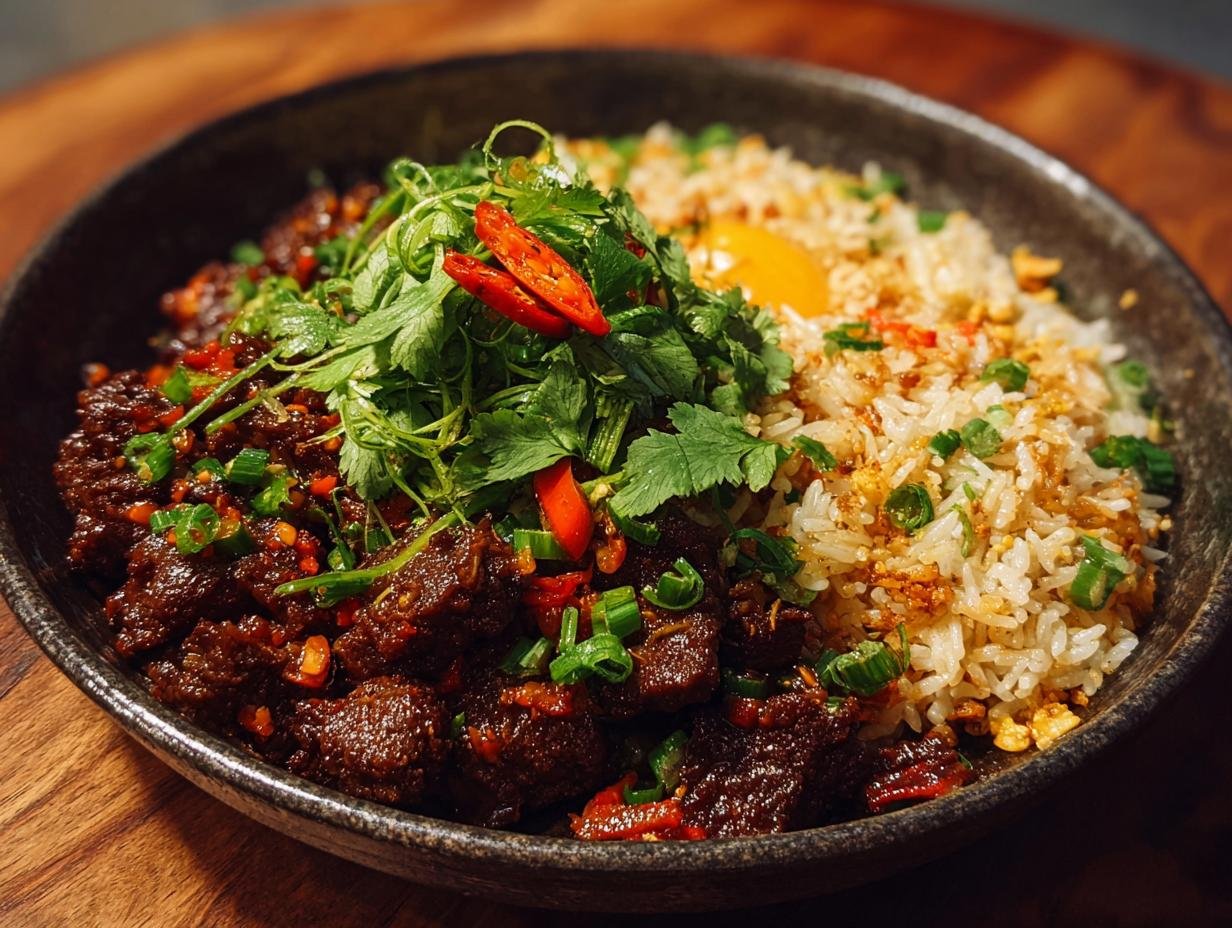 Plat de Boeuf Chilli Croquant servi avec du riz frit, garni de coriandre et de piments.