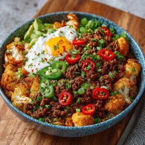Bol de bœuf haché au chili et chou-fleur, garni d'un œuf au plat, d'avocat, de piments et d'oignons verts.