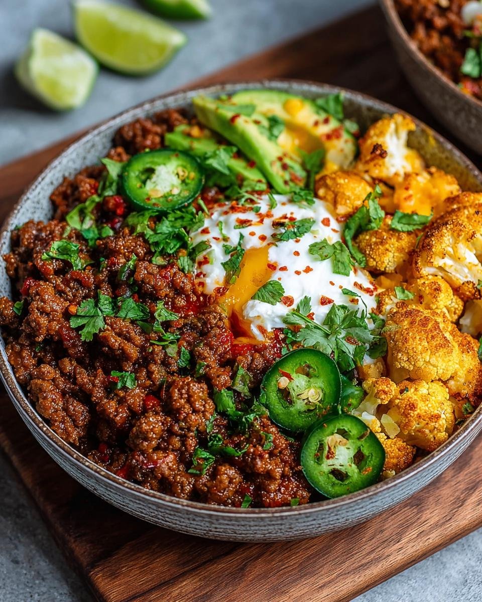Bol de bœuf haché au chili avec chou-fleur rôti, avocat, œuf poché et jalapeños.