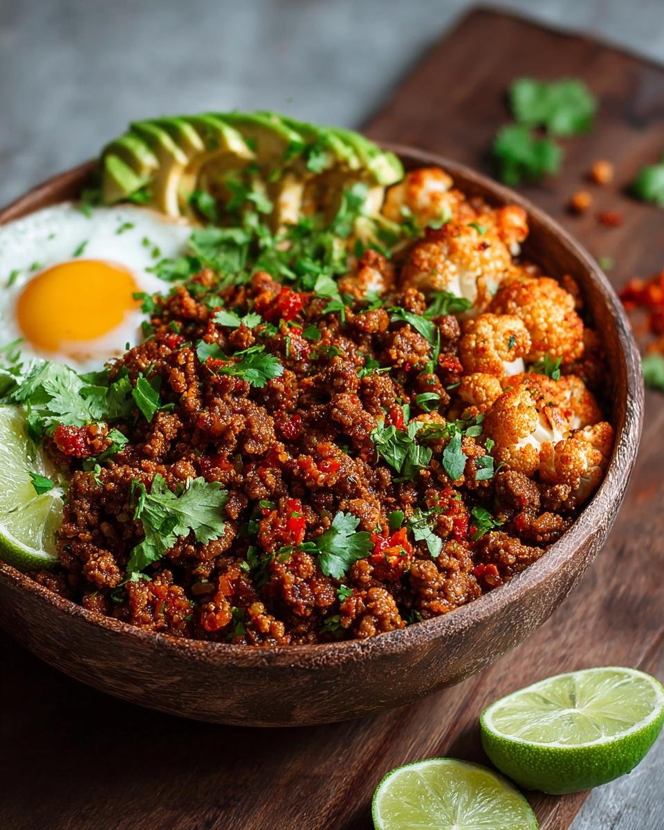 Bol de bœuf haché au chili avec chou-fleur rôti, avocat, œuf au plat et coriandre.