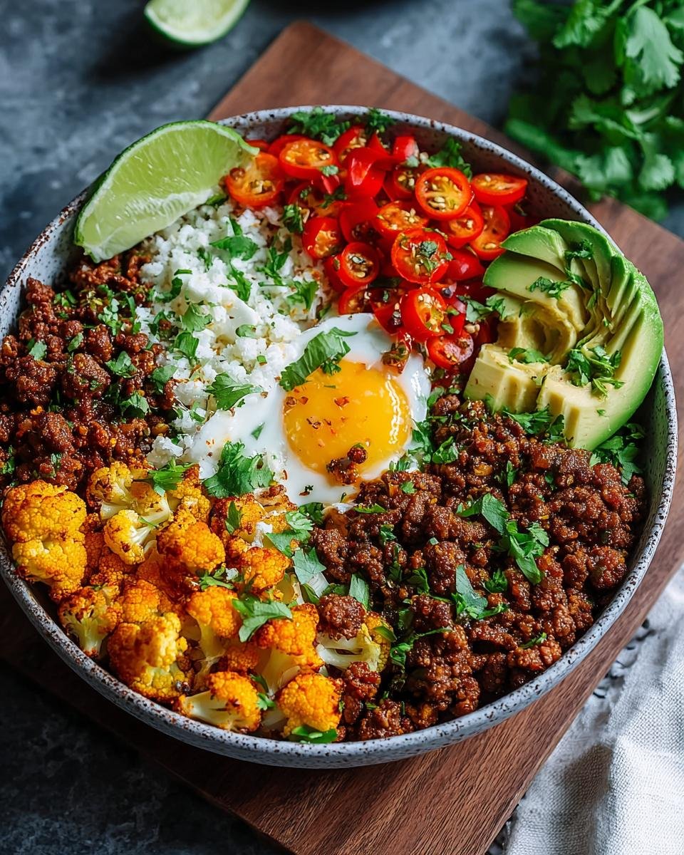 Bol de bœuf haché au chili avec chou-fleur rôti, œuf au plat, avocat, tomates et citron vert.