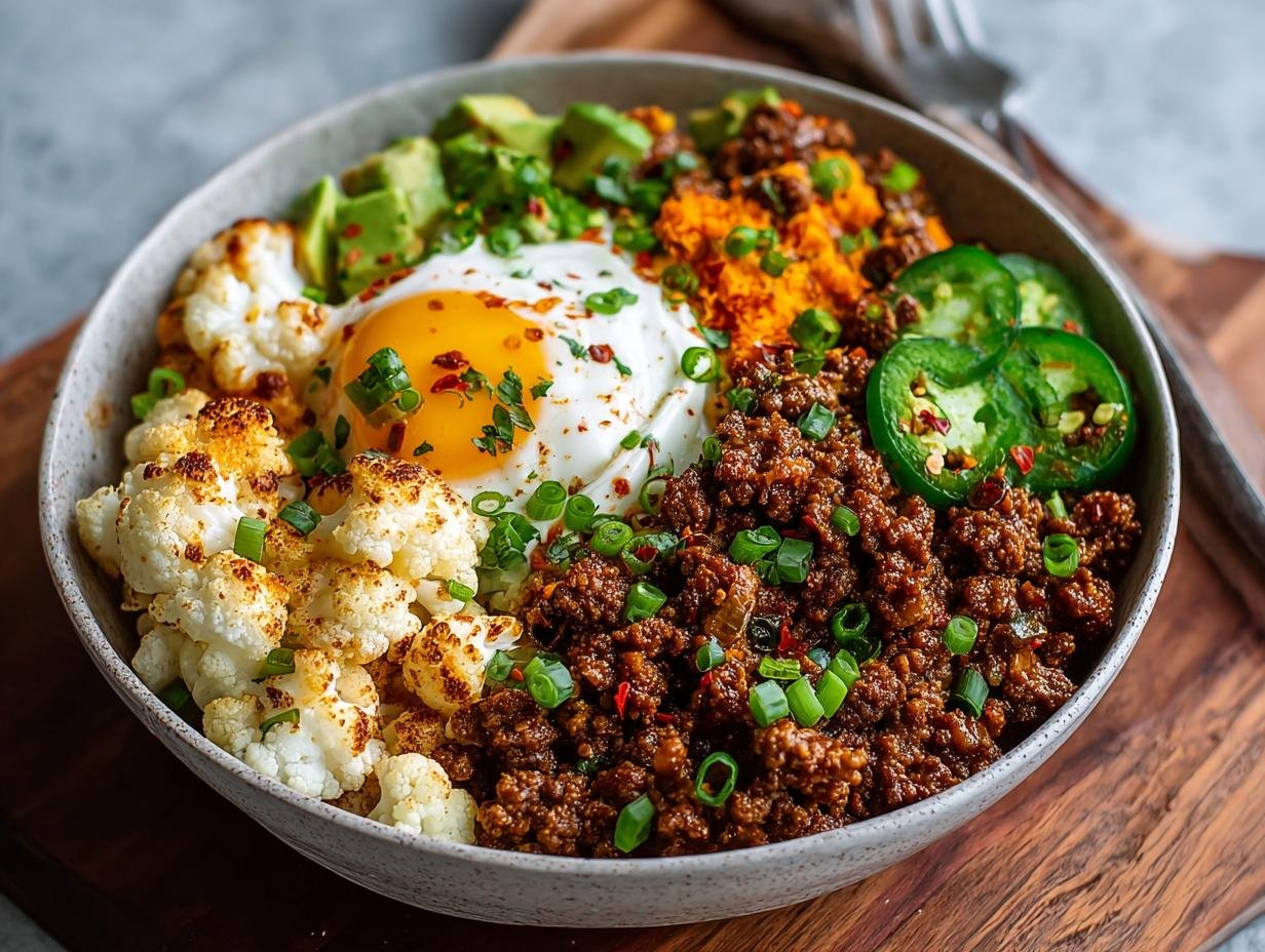 Bol de bœuf haché au chili, chou-fleur rôti, avocat, œuf au plat et jalapeños.