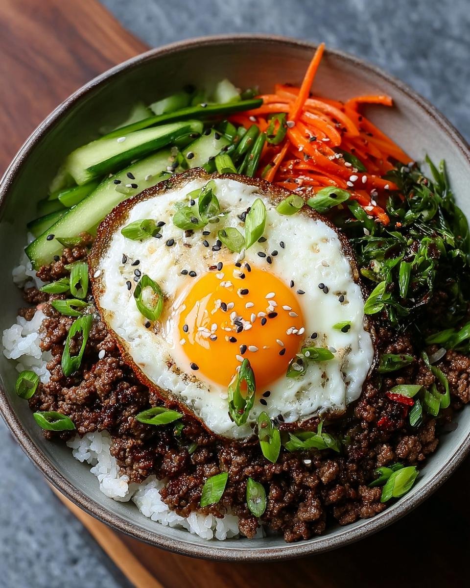 Gros plan d'un bol de Bœuf Haché Coréen sur du riz, garni d'un œuf au plat, de concombre, de carottes râpées et d'oignons verts.