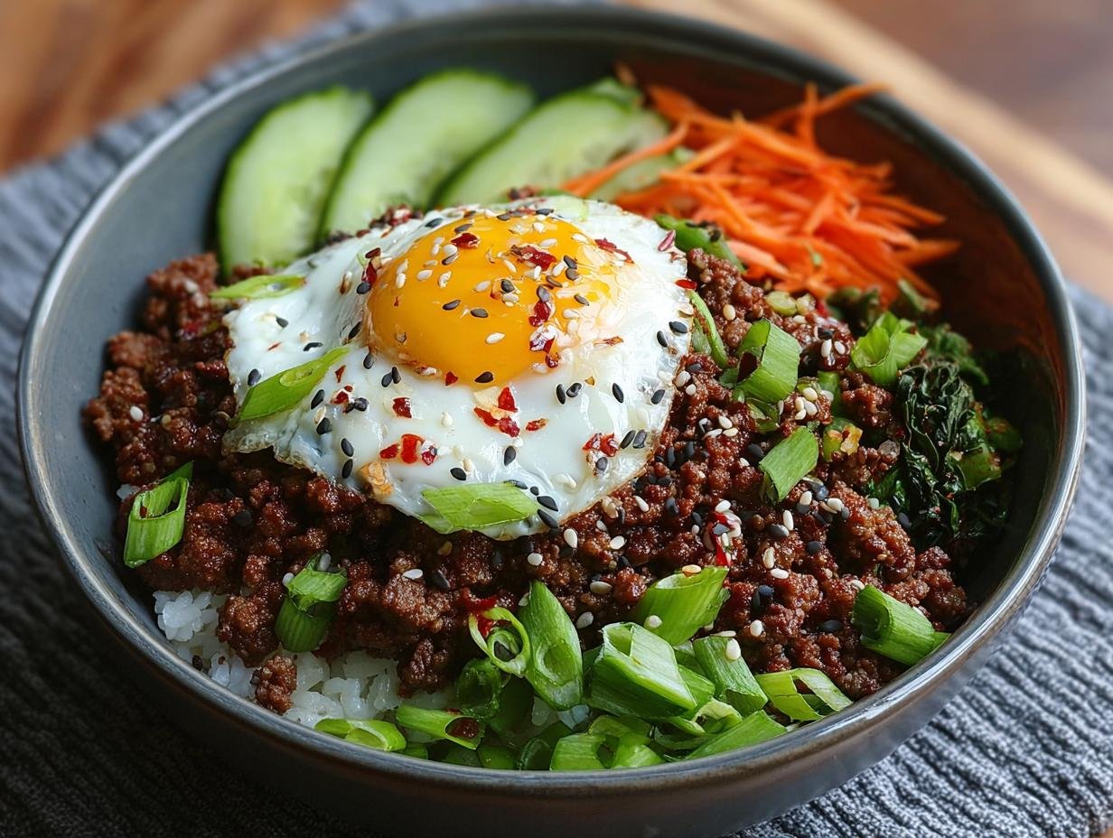 Gros plan d'un bol de Bœuf Haché Coréen sur du riz, garni d'un œuf au plat, de ciboule et de graines de sésame.