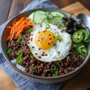 Gros plan d'un bol de Bœuf Haché Coréen servi sur du riz, garni d'un œuf au plat, de concombre, de carottes râpées et de jalapeños.