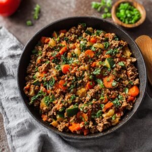 Gros plan de bœuf haché aux légumes dans une poêle, prêt pour le meal prep.