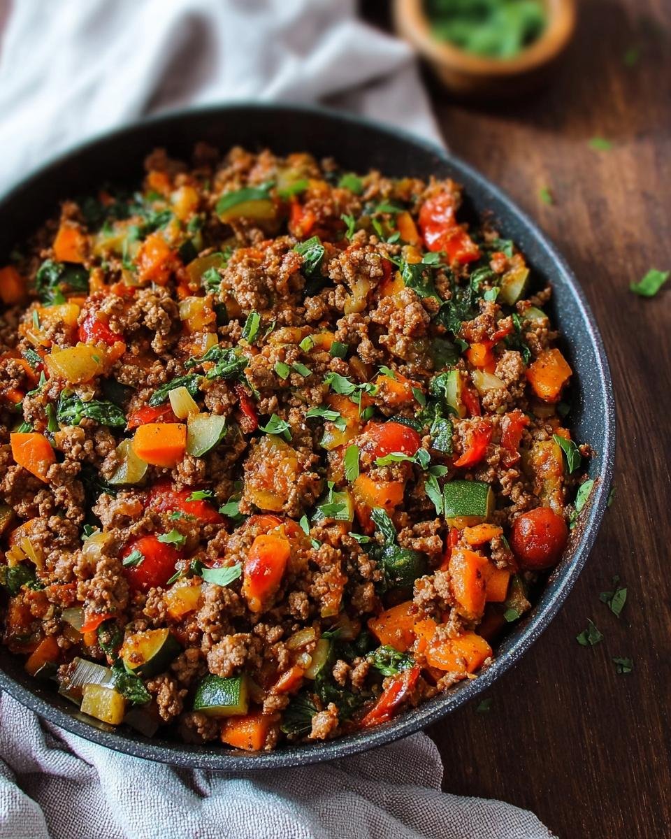 Gros plan d'un bœuf haché aux légumes colorés dans une poêle, prêt pour le meal prep.