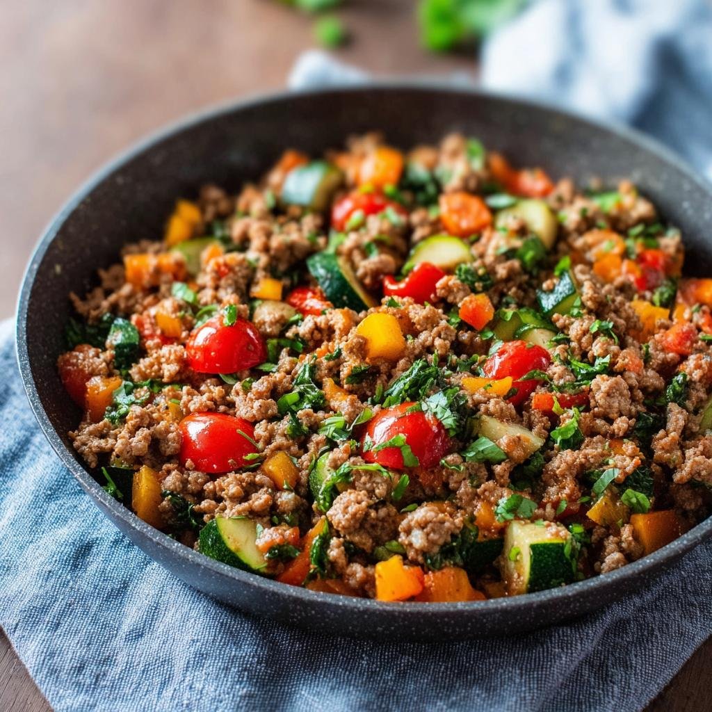 Gros plan d'un bœuf haché aux légumes colorés dans une poêle, parfait pour le meal prep.