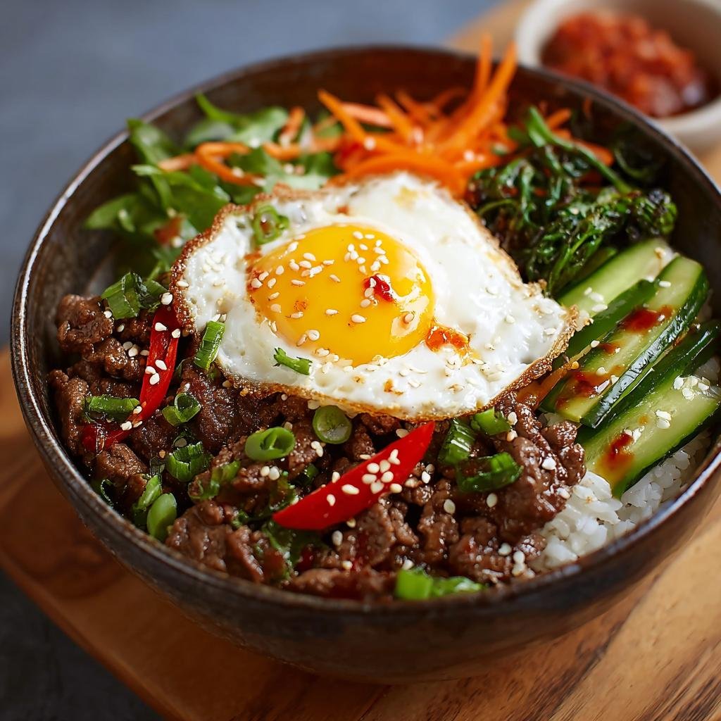 Gros plan d'un Bol de Bœuf Coréen Haute Protéine avec un œuf au plat, du bœuf mariné, du riz, du concombre et des légumes verts.