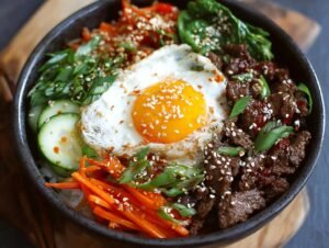 Gros plan d'un Bol de Bœuf Coréen Haute Protéine avec riz, bœuf mariné, œuf au plat, concombre, carottes et oignons verts.