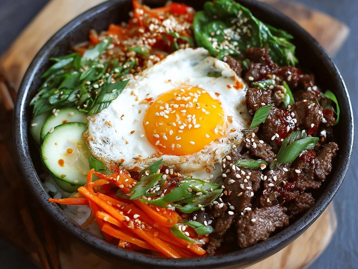 Gros plan d'un Bol de Bœuf Coréen Haute Protéine avec riz, bœuf mariné, œuf au plat, concombre, carottes et oignons verts.