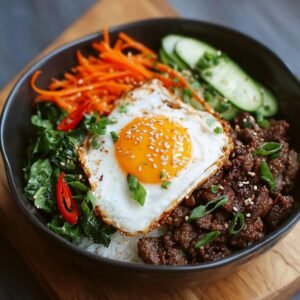 Bol Bœuf Coréen 30 Min Protéiné 4 Gros plan d'un Bol de Bœuf Coréen Haute Protéine sur un lit de riz, garni d'un œuf au plat, carottes râpées et concombre.