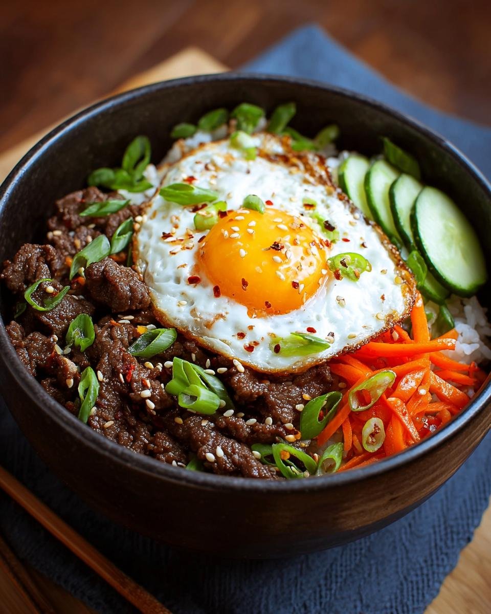 Bol de Bœuf Coréen Haute Protéine avec riz, bœuf mariné, œuf au plat, carottes râpées et concombre.