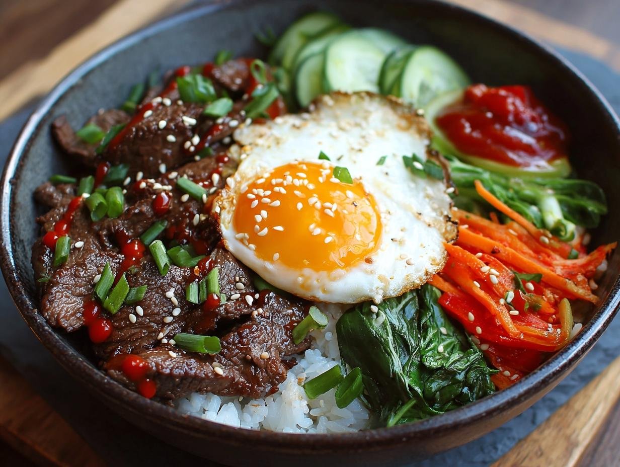 Gros plan d'un Bol de Bœuf Coréen Haute Protéine avec riz, bœuf mariné, œuf au plat, carottes, épinards et concombre.