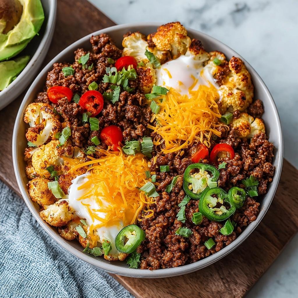 Bol de bœuf haché au chili et chou-fleur, garni d'œufs, de fromage râpé et de jalapeños.