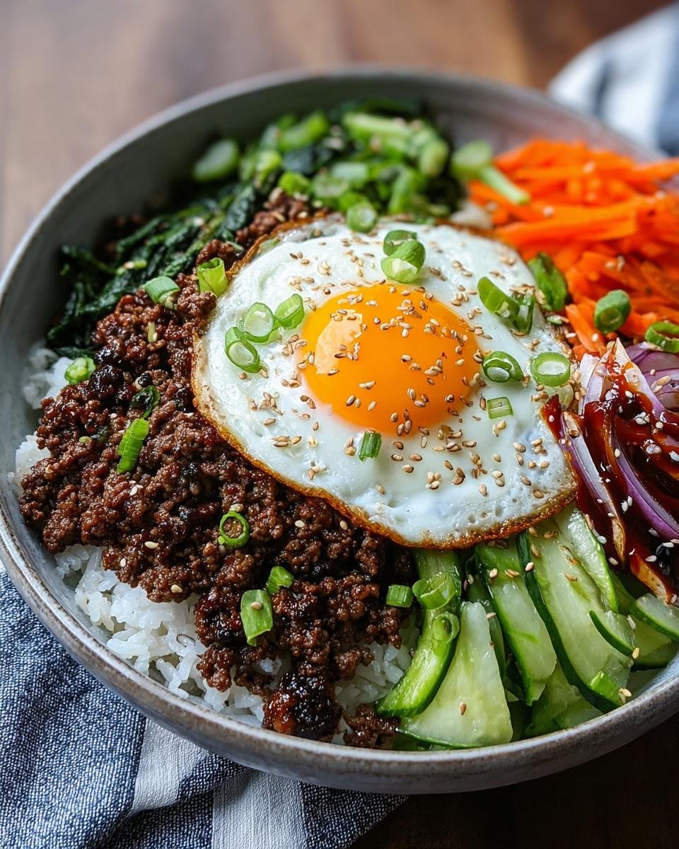 Gros plan d'un bol de Bœuf Haché Coréen sur du riz, garni d'un œuf au plat, de concombre, de carottes et d'oignons rouges.