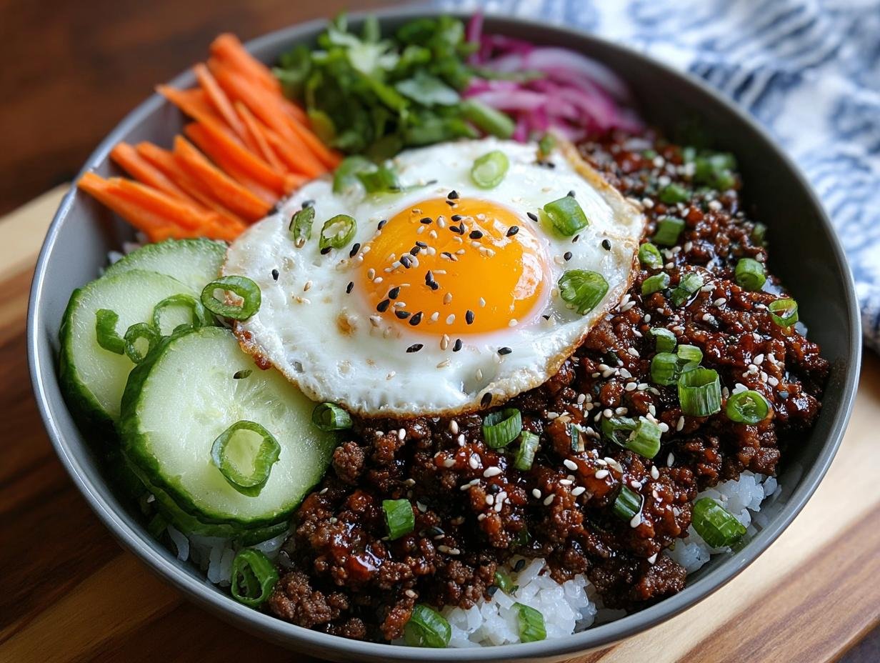 Gros plan d'un bol de Bœuf Haché Coréen sur du riz blanc, garni d'un œuf au plat, de concombre, de carottes et d'oignons verts.
