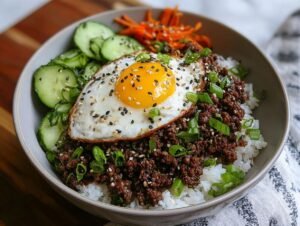 Bol de Bœuf Haché Coréen : 4 portions délicieuses Gros plan d'un bol de Bœuf Haché Coréen sur du riz, garni d'un œuf au plat, de concombre et de carottes.