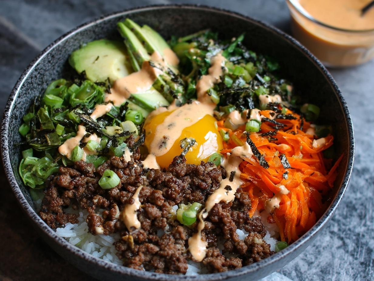 Gros plan d'un bol de Bulgogi Bœuf Haché avec riz, avocat, carottes râpées, œuf et sauce.