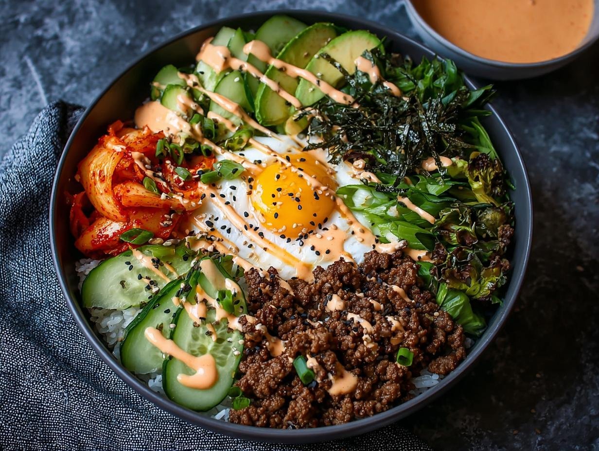 Gros plan d'un bol de Bulgogi Bœuf Haché avec riz, œuf au plat, kimchi, avocat, concombre et sauce.