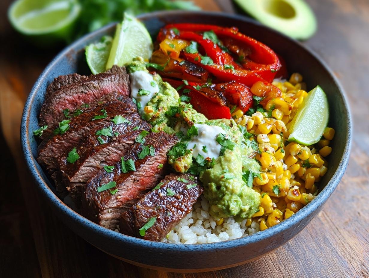 Bol de Fajitas Steak Haute Protéine avec riz, avocat, maïs grillé, poivrons rouges et quartiers de citron vert.