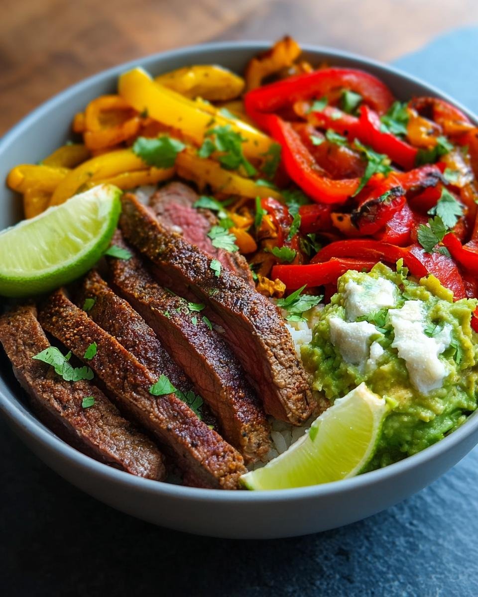 Bol de Fajitas Steak Haute Protéine avec steak tranché, poivrons colorés, avocat et quartiers de citron vert.
