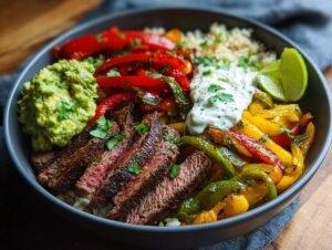 Gros plan d'un bol de fajitas au steak, garni de poivrons colorés, d'avocat et de crème sure.