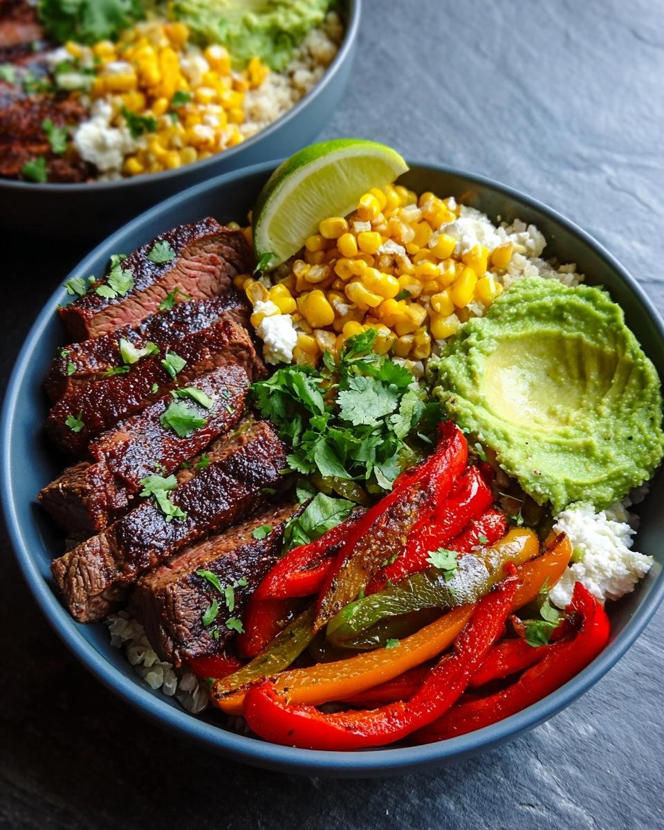 Gros plan d'un bol de fajitas steak avec avocat, maïs, poivrons et coriandre.