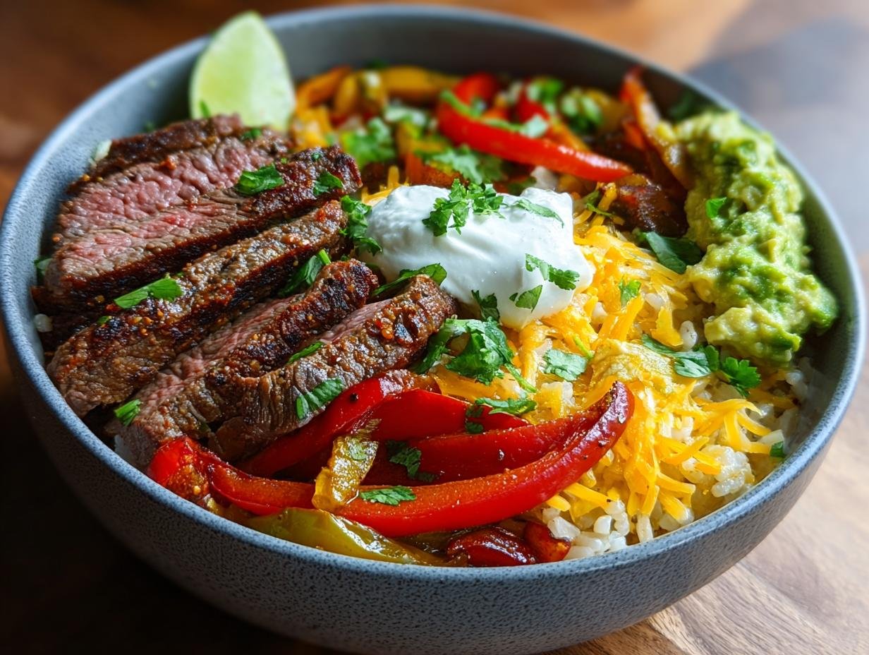 Bol de Fajitas au Steak Haute Protéine avec riz, poivrons, avocat, crème aigre et coriandre.
