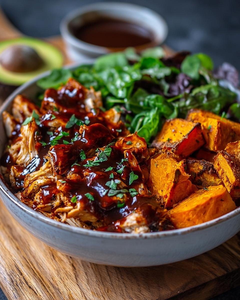 Gros plan d'un bol de poulet BBQ effiloché, patates douces rôties et salade verte, arrosé de sauce BBQ.