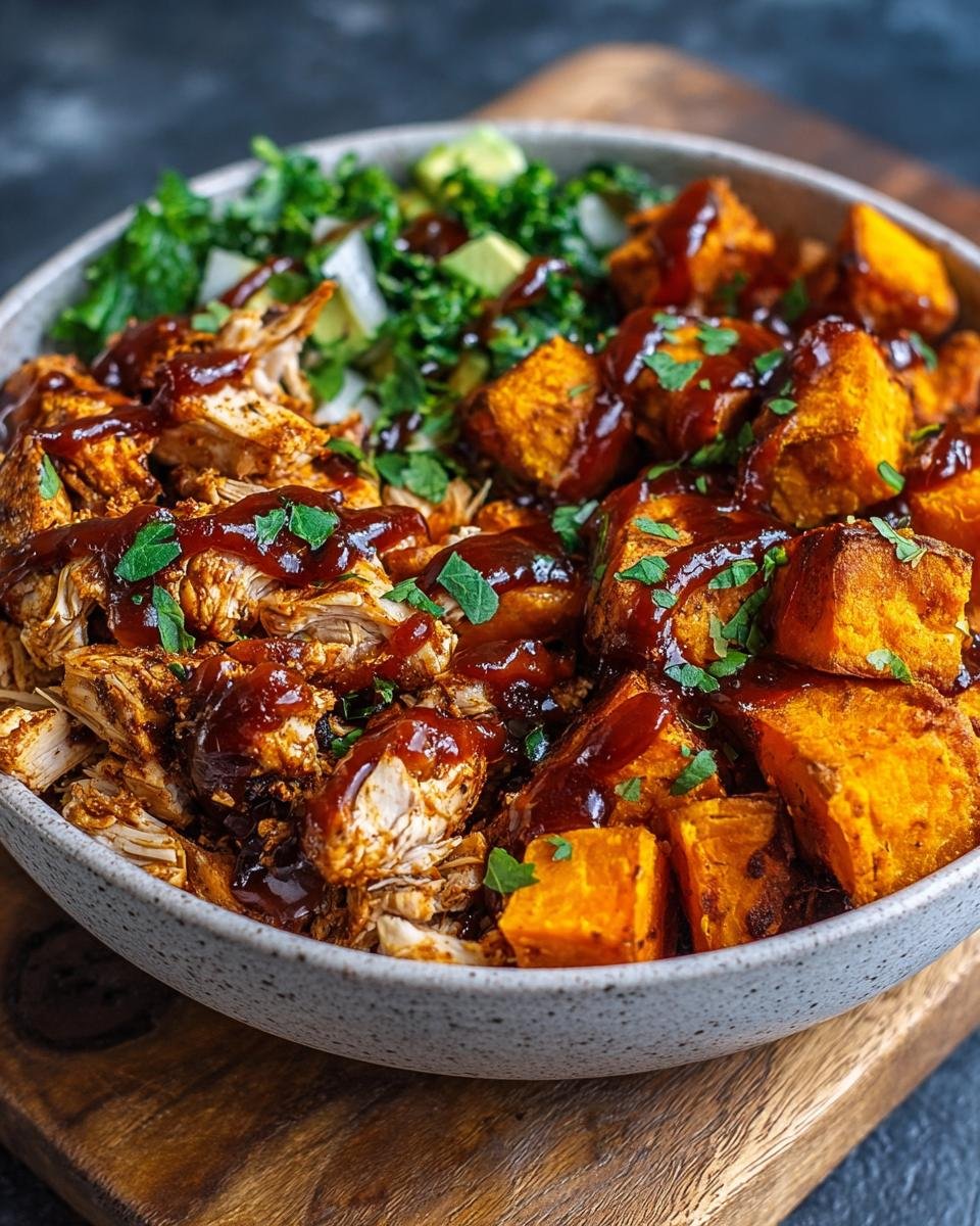 Gros plan d'un bol de poulet BBQ effiloché, de patates douces rôties et d'une garniture verte, le tout nappé de sauce BBQ.