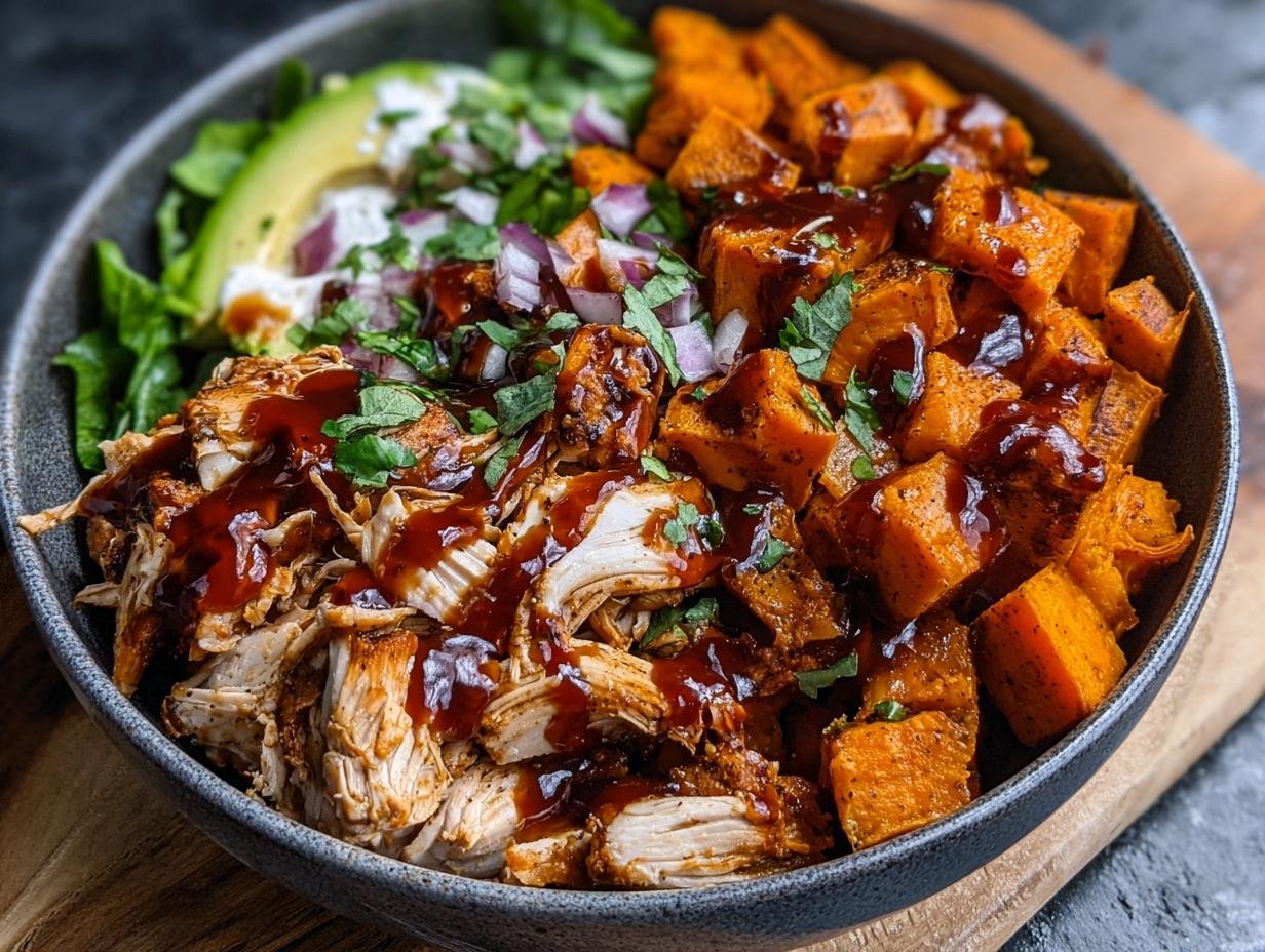Gros plan d'un bol de poulet BBQ effiloché, patates douces rôties, avocat et oignons rouges, arrosé de sauce BBQ.