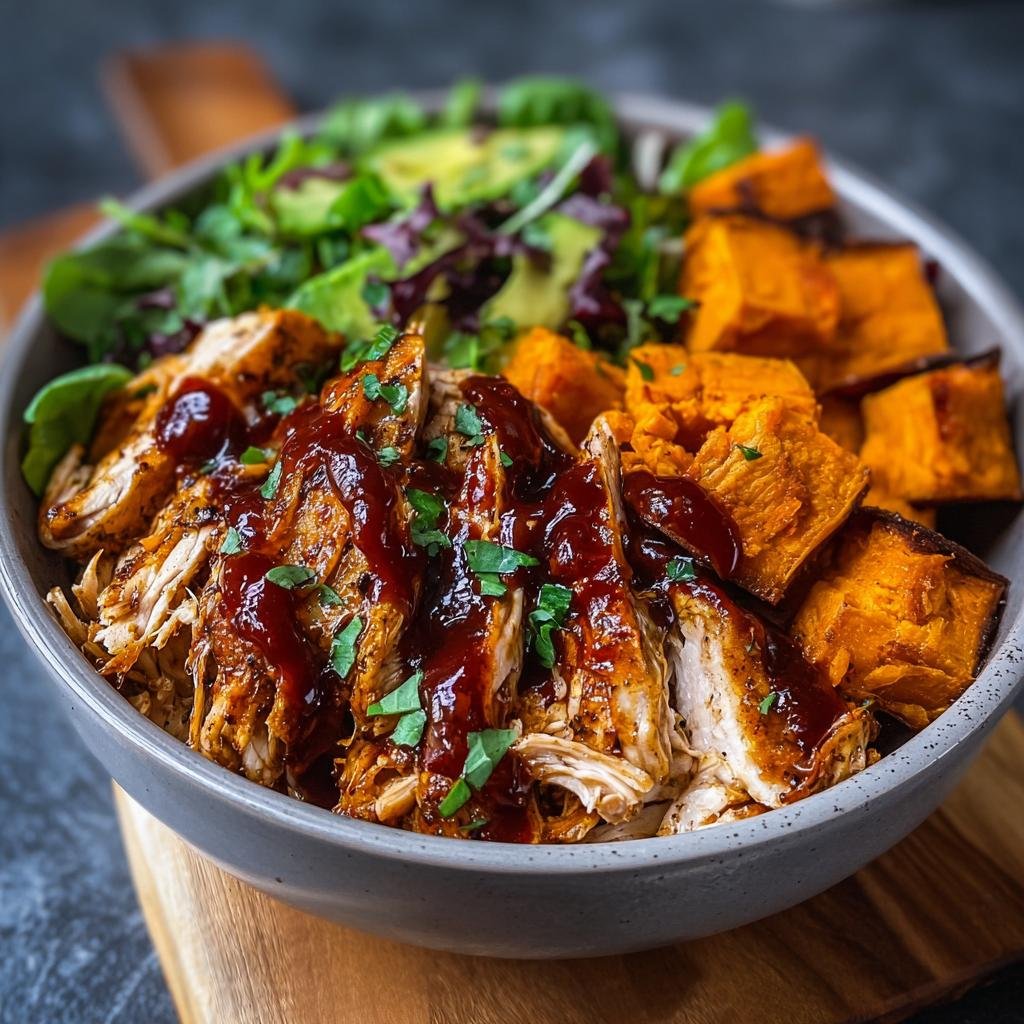 Gros plan sur un bol de poulet BBQ effiloché, patates douces rôties et salade verte avec avocat.