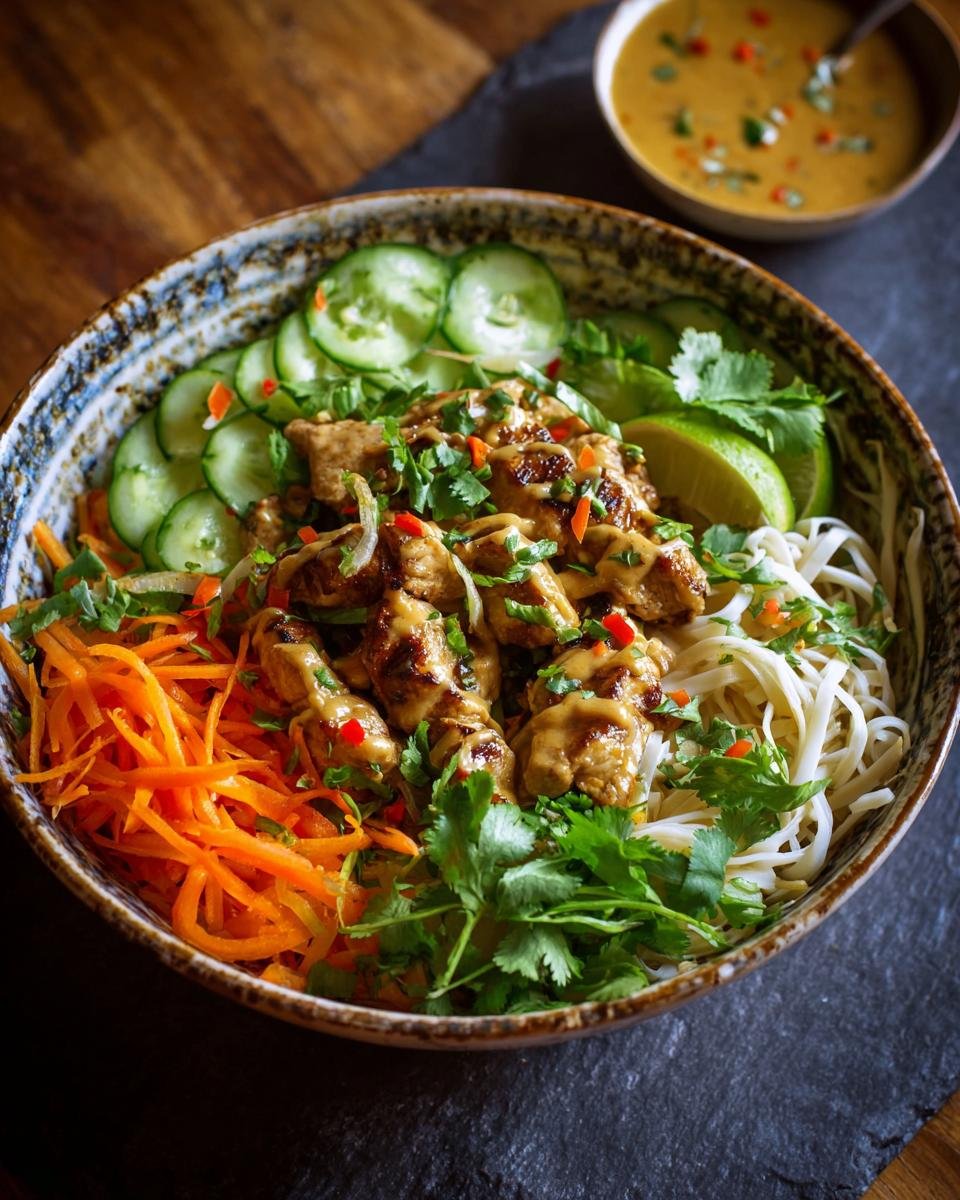 Gros plan d'un bol de nouilles Poulet Satay garni de concombre, carottes râpées, coriandre et sauce satay.