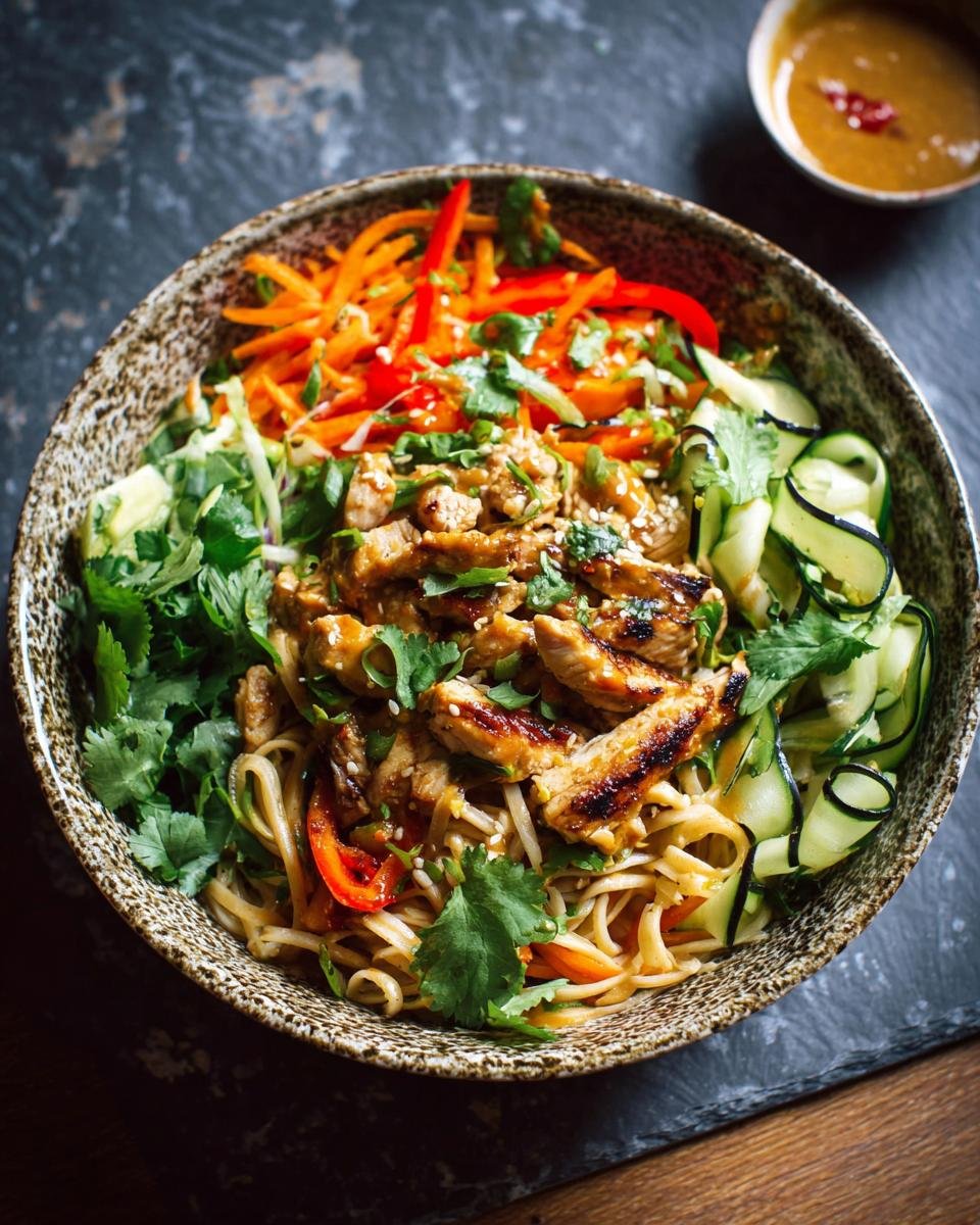 Gros plan d'un bol de nouilles poulet satay avec des légumes frais, garni de coriandre et de sésame.