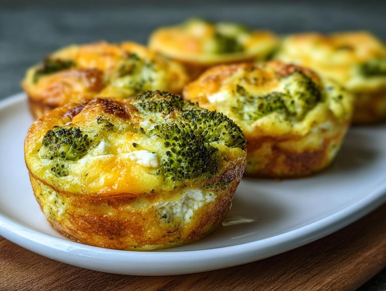 Gros plan sur des bouchées d'œufs au brocoli et fromage sur une assiette blanche.