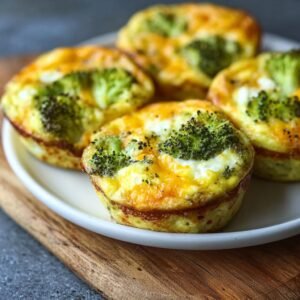 Gros plan sur des bouchées d'œufs au brocoli cuites au four, garnies de fromage fondu et de bouquets de brocoli.