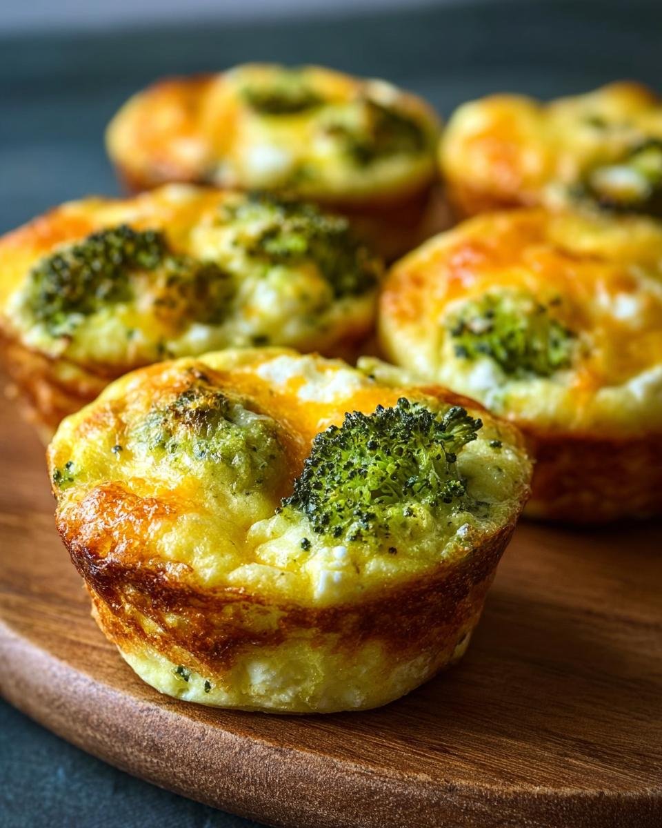 Gros plan sur des bouchées d'œufs au brocoli dorées et appétissantes, garnies de fromage fondant.