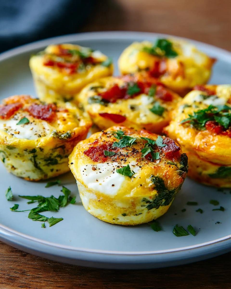 Gros plan sur des bouchées d'œufs délicieuses garnies de bacon croustillant et de persil frais.