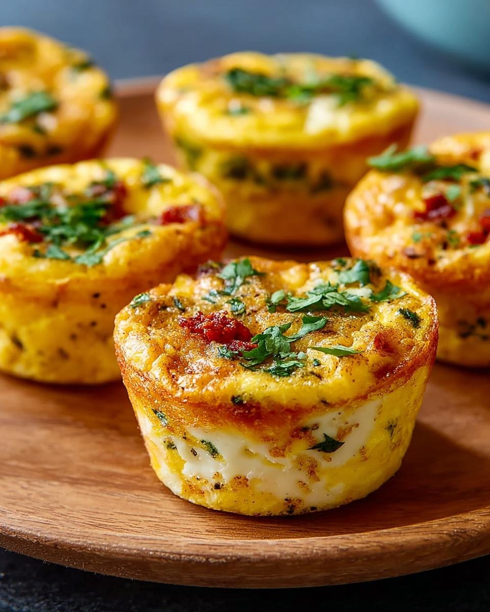 Gros plan sur des bouchées d'œufs délicieuses garnies de persil frais et de morceaux de tomates séchées.