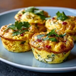 Gros plan sur des Bouchées d'Oeufs Délicieuses dorées, garnies de persil frais et de petits morceaux rouges.
