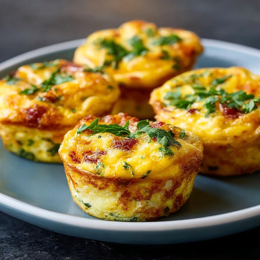 Gros plan sur des Bouchées d'Oeufs Délicieuses dorées et moelleuses, garnies de persil frais sur une assiette bleue.