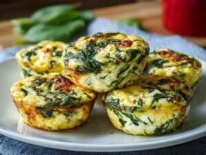 Gros plan sur des bouchées aux œufs et épinards dorées et moelleuses sur une assiette blanche.