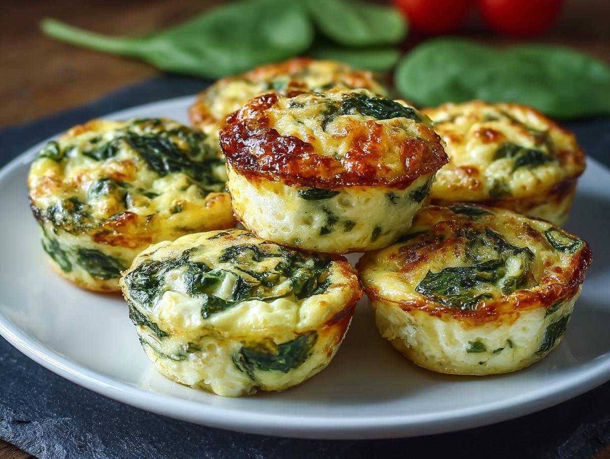 Gros plan sur des bouchées aux œufs et épinards dorées, garnies de fromage fondant.