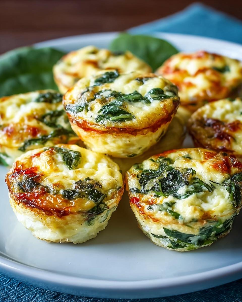 Gros plan sur des bouchées aux œufs et épinards sur une assiette, avec des feuilles d'épinards fraîches en arrière-plan.