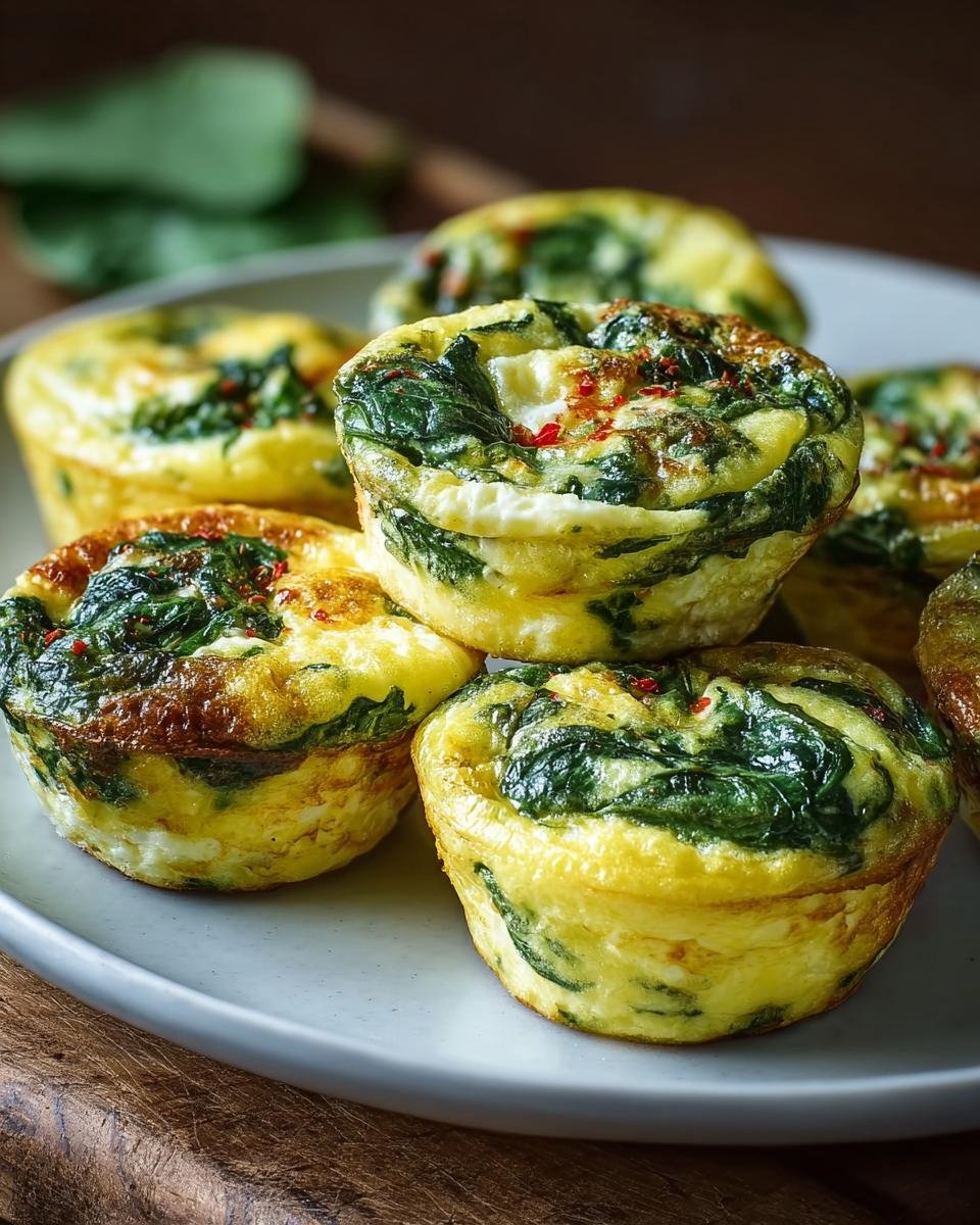 Gros plan sur des bouchées aux œufs et épinards dorées et moelleuses, garnies d'une pincée de piment.