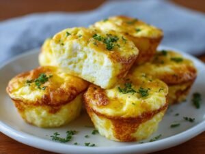 Gros plan de bouchées aux œufs et fromage cottage, garnies de persil frais, sur une assiette blanche.