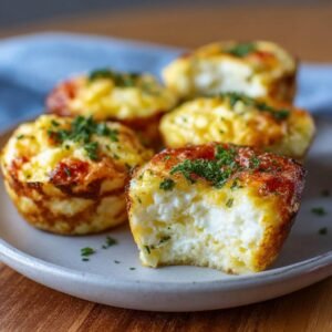 Gros plan sur des bouchées aux œufs et fromage cottage dorées, garnies de persil frais.