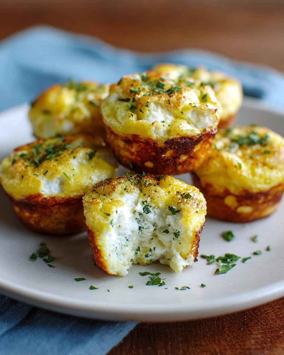 Gros plan sur des bouchées aux œufs et fromage cottage garnies de persil frais.